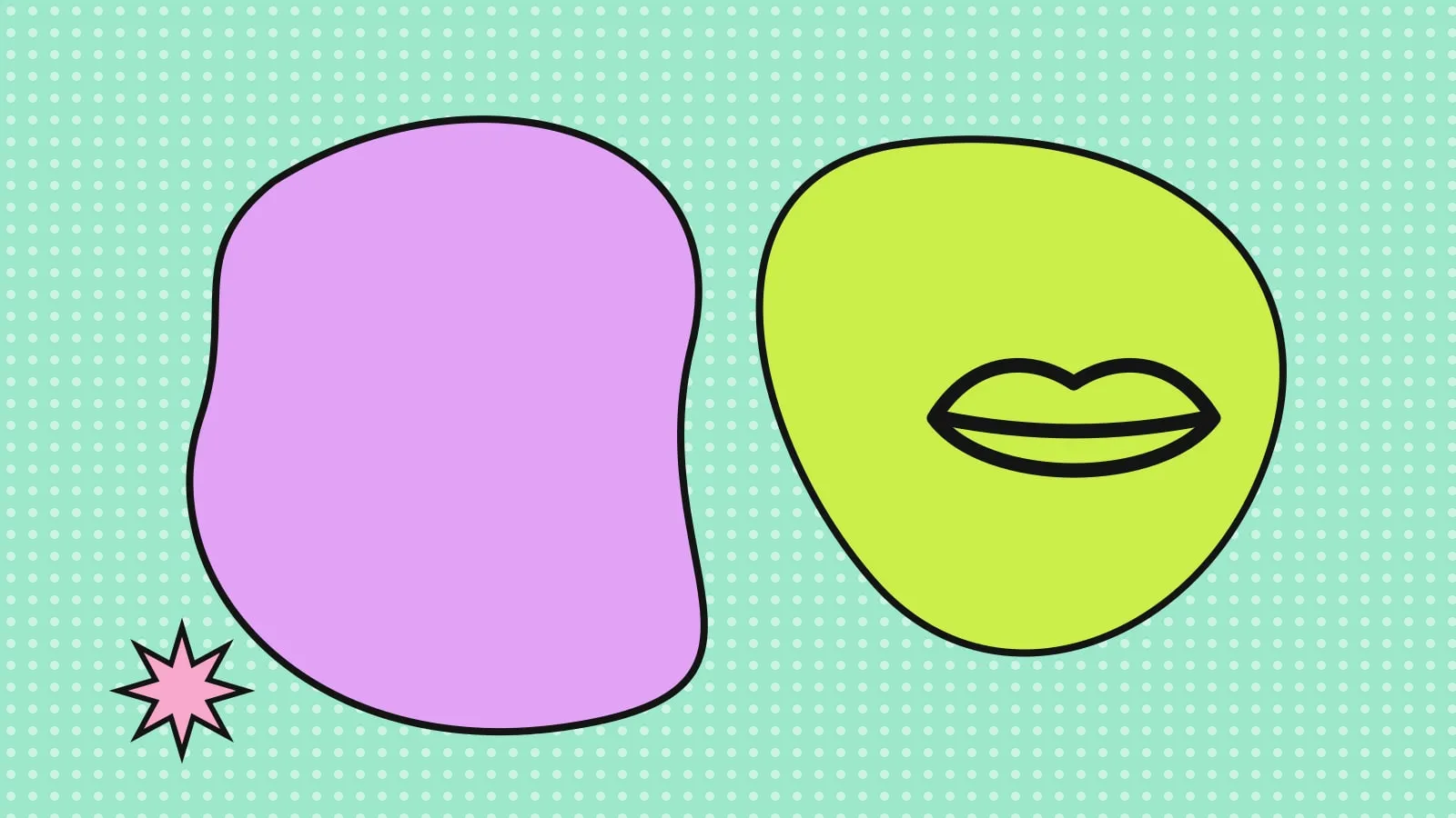 Collage graphique : deux formes organiques lilas et vert citron et une bouche stylisée sur fond menthe.