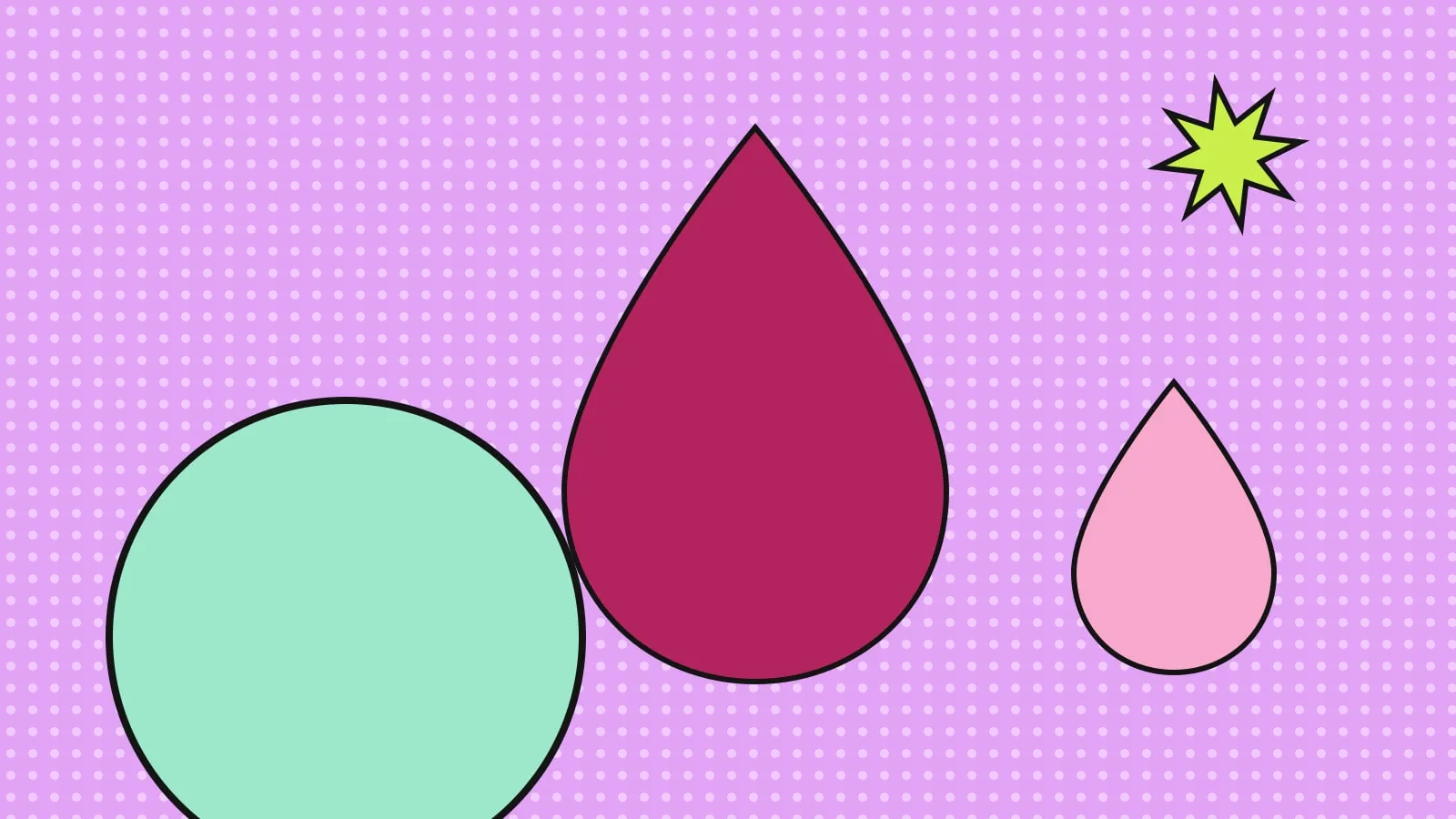 Collage graphique : deux gouttes stylisées rouge et rose sur fond lilas à pois blancs.