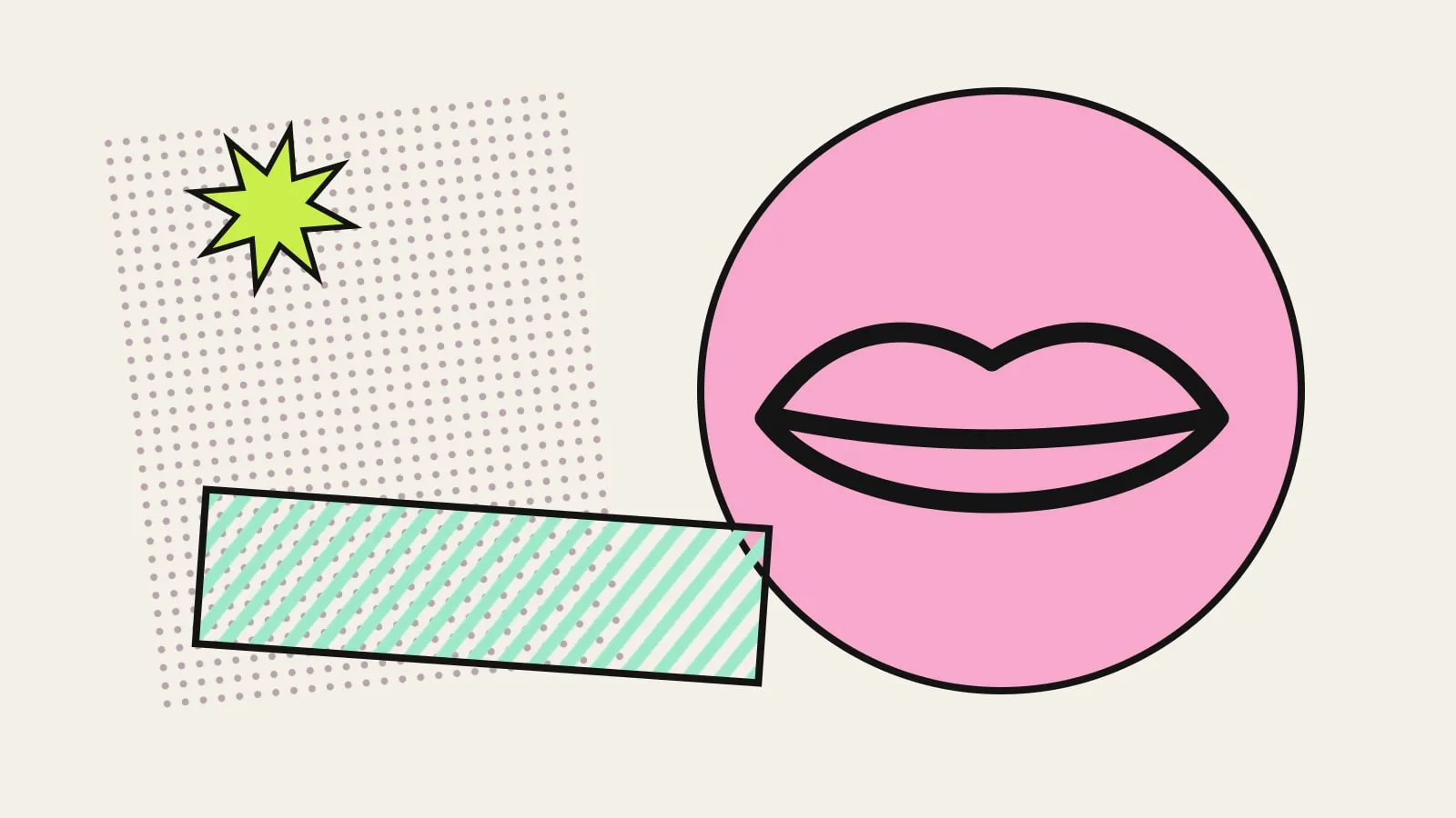 Collage graphique : une bouche stylisée dans un cercle rose, une étoile vert citron et une trame de points.